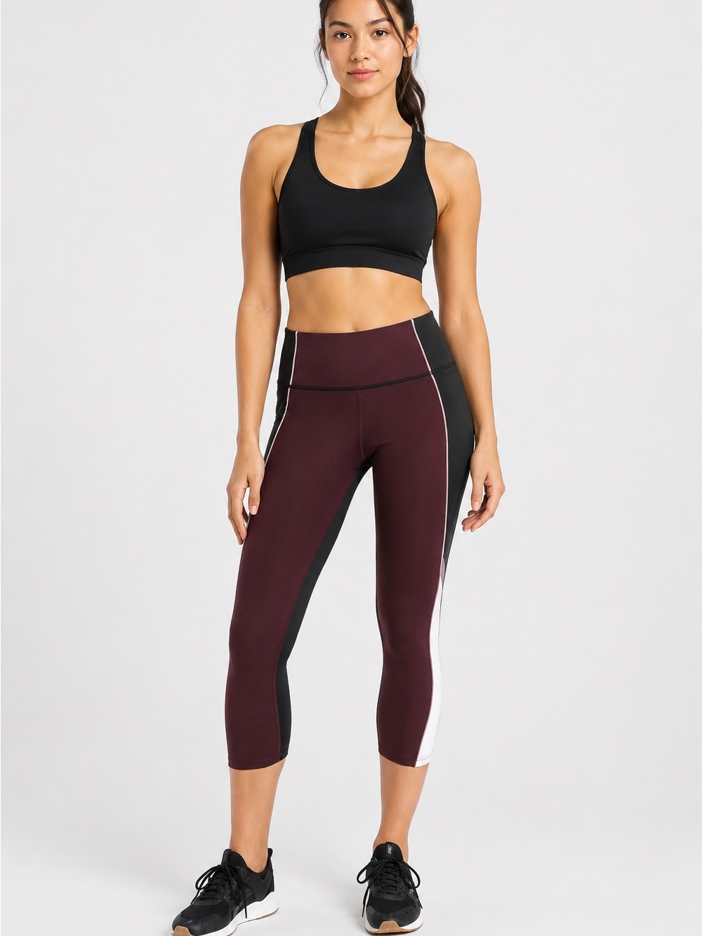 ATHLETA Velocity Colorblock Capri Leggings | Mid Rise | Burgundy + Black|SizeS